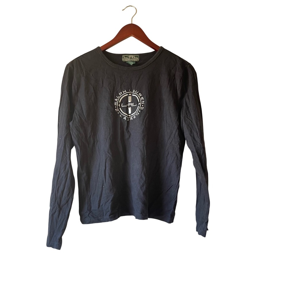 LRL Ralph Lauren Black Long‎ Sleeve Crew Neck T Shirt Embroidered Logo Size L